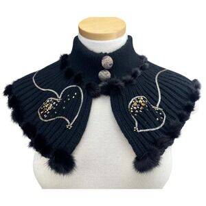MINAPOE Collar Wrap Scarf Black Cashmere Fur Button Handmade Paris Goth Coquette